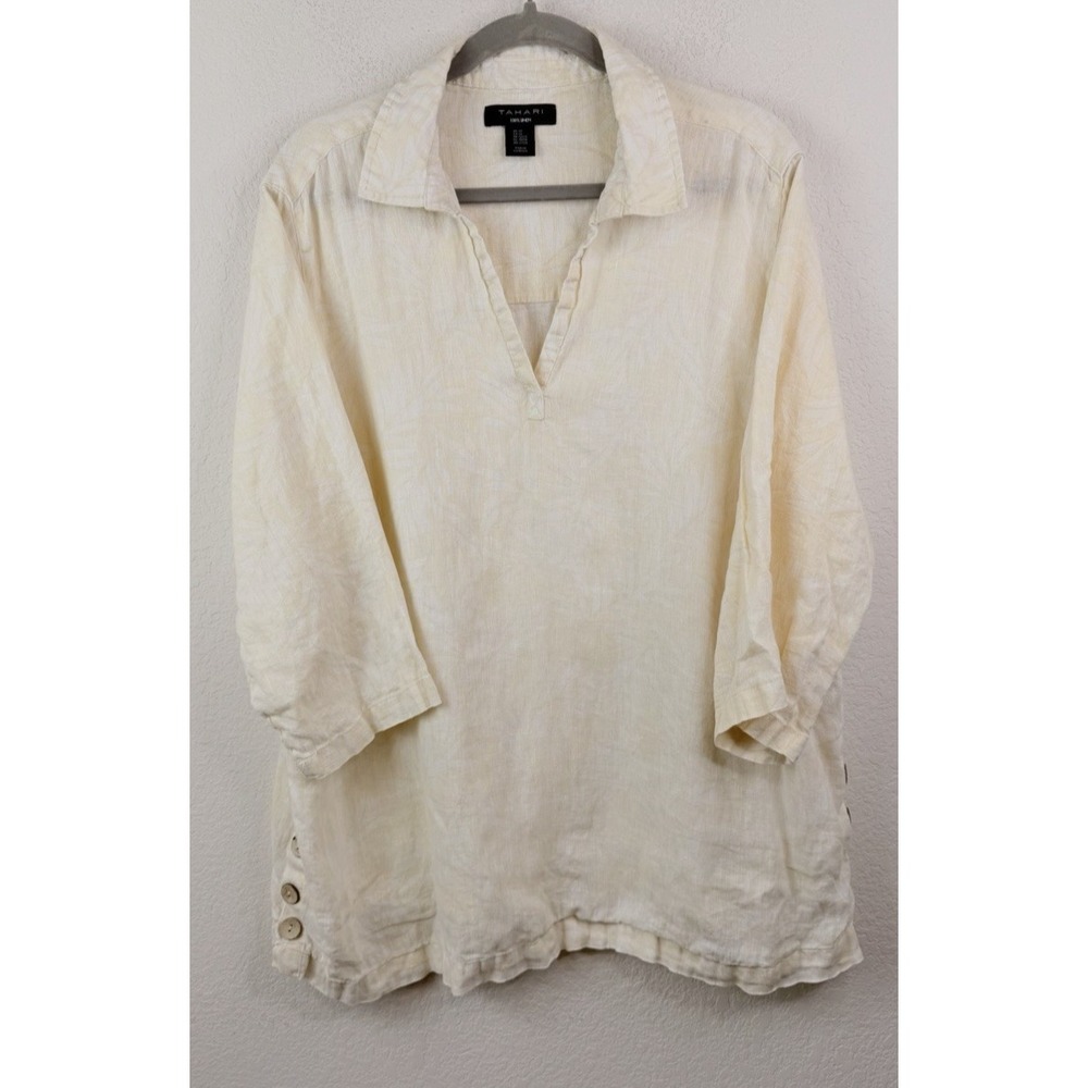 Tahari Women 2X 100% Linen Tunic Top Ivory Leaf Print Oversized Coastal Tropical